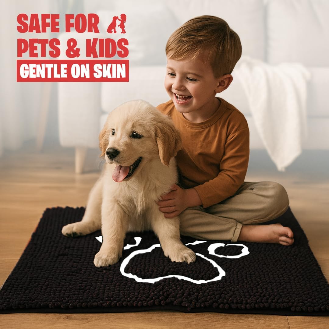 MUDGUARD MAT™ Dog Door Mat with Paw Design for Muddy Paws, Super Absorbent Microfiber, Non-Slip Indoor Mat, Quick-Dry Chenille Rug for Pets & Entryway, Machine Washable, Black 16" x 24"