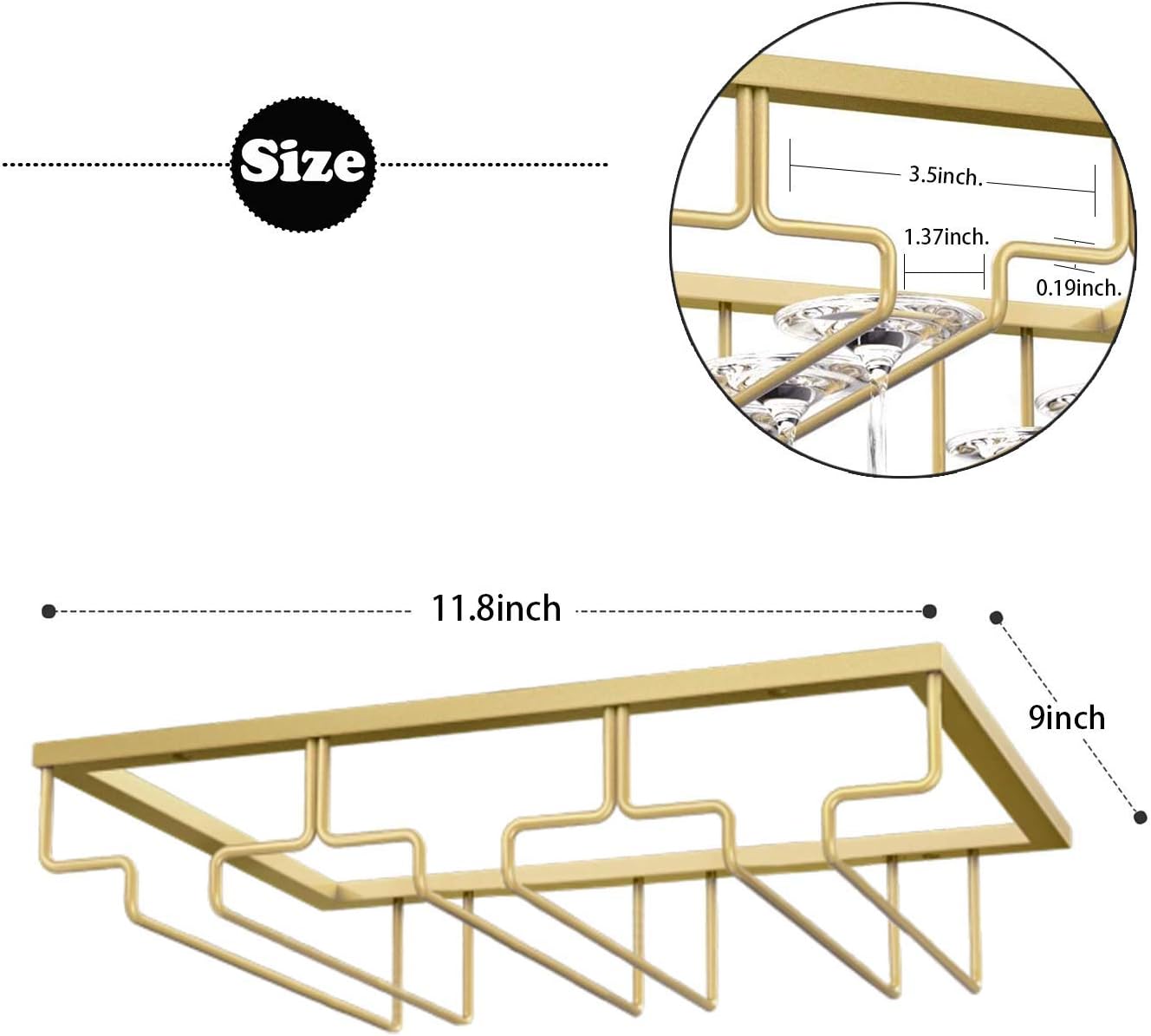 Wine Glass Rack, Under Cabinet Stemware Wine Glass Holder, Wine Glasses Storage Hanger Metal Organizer for Cabinet Kitchen Bar (Gold, 3 Rows 1 Pack)