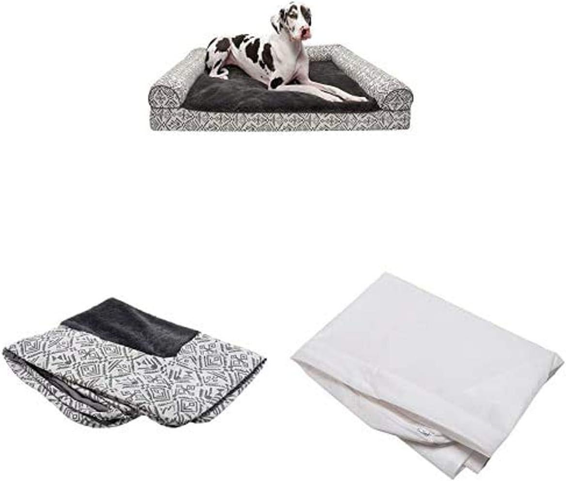 Furhaven Pet Bundle - Jumbo Plus Boulder Gray Cooling Gel Memory Foam Plush Kilim Southwest Home Decor Sofa, Extra Dog Bed Cover, & Water-Resistant Mattress Liner for Dogs & Cats