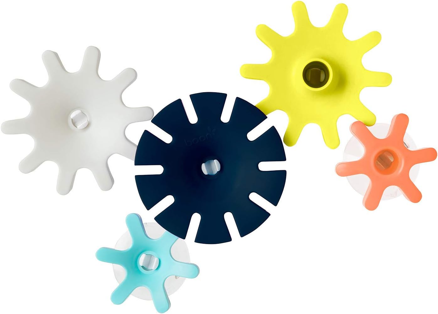 Boon Cogs Baby Bath Toys - Spinning Gear Themed Sensory Baby Toys for Bathtub - Suction Toys for Bathtub Walls - Navy and Yellow - 5 Count - Ages 12 Months and Up