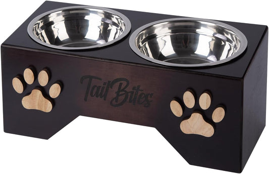 Raised Dog Bowls for Medium & Large Dogs – Wooden Elevated Dog Feeder Stand with 2 Stainless Steel Bowls + Bonus Chew Treat (14” x 7” x 6”)