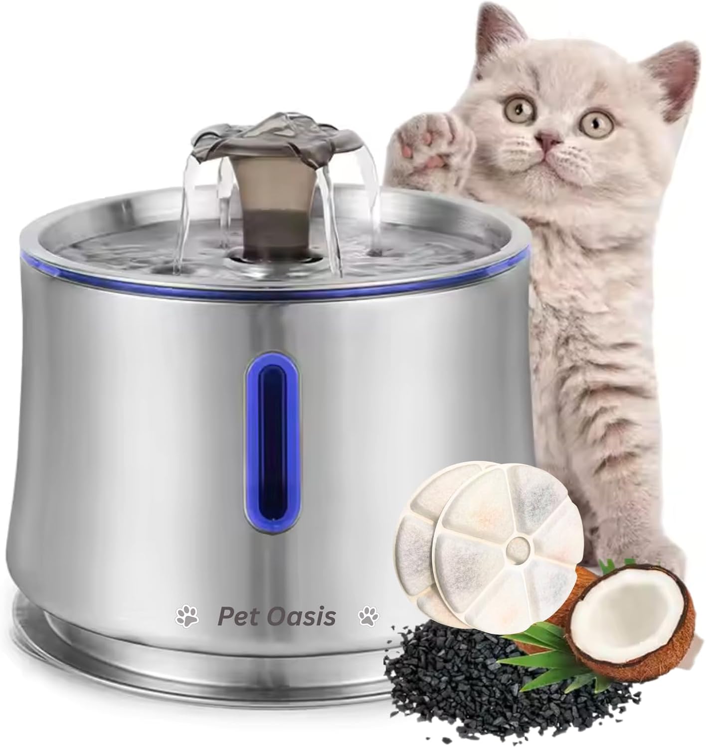 Cat Water Fountain 84oz/2.5L Stainless Steel, Automatic Dog Water Dispenser, Ultra-Quiet Pump, Water Level Window, BPA-Free, Advanced Filtration with 2 Filters for Cats, Dogs & Multiple Pets.