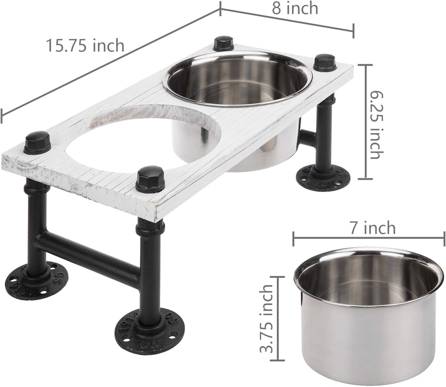 MyGift Vintage White Solid Wood Elevated Feeder with Industrial Metal Legs, 6.2" Tall Bowls for Medium Sized Dogs, Raised Food and Water Stand with 2 Stainless Steel Bowls