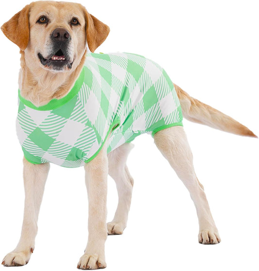 LovinPet Female Dog Recovery Suit for Spay and Post-Op Rest, Plaid Belly Coverage Bodysuit with Soft Cushion Panel, Post-Surgery Clothes for Large Dogs, Green, XXL