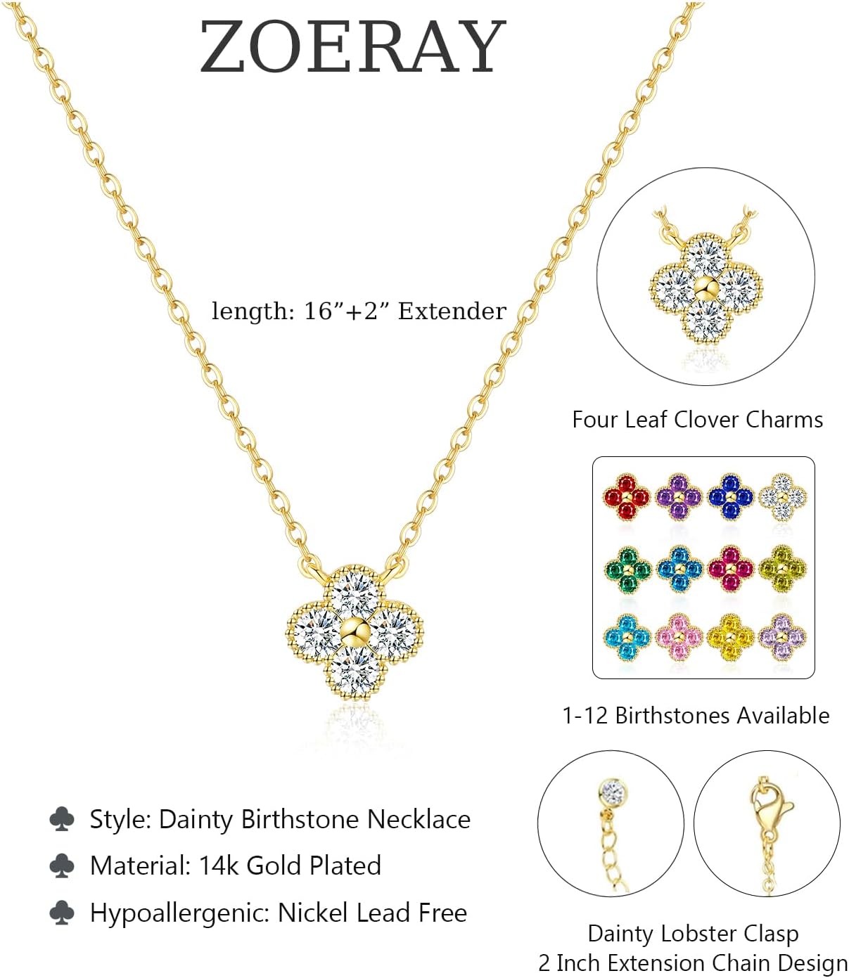 ZOERAY Valentines Day Gifts Birthstone Necklace for Women Non Tarnish 14K Gold Plated Four Leaf Clover Necklace Dainty Gold Choker Necklaces for Women Trendy CZ Emerald Pendant Jewelry Birthday Gifts