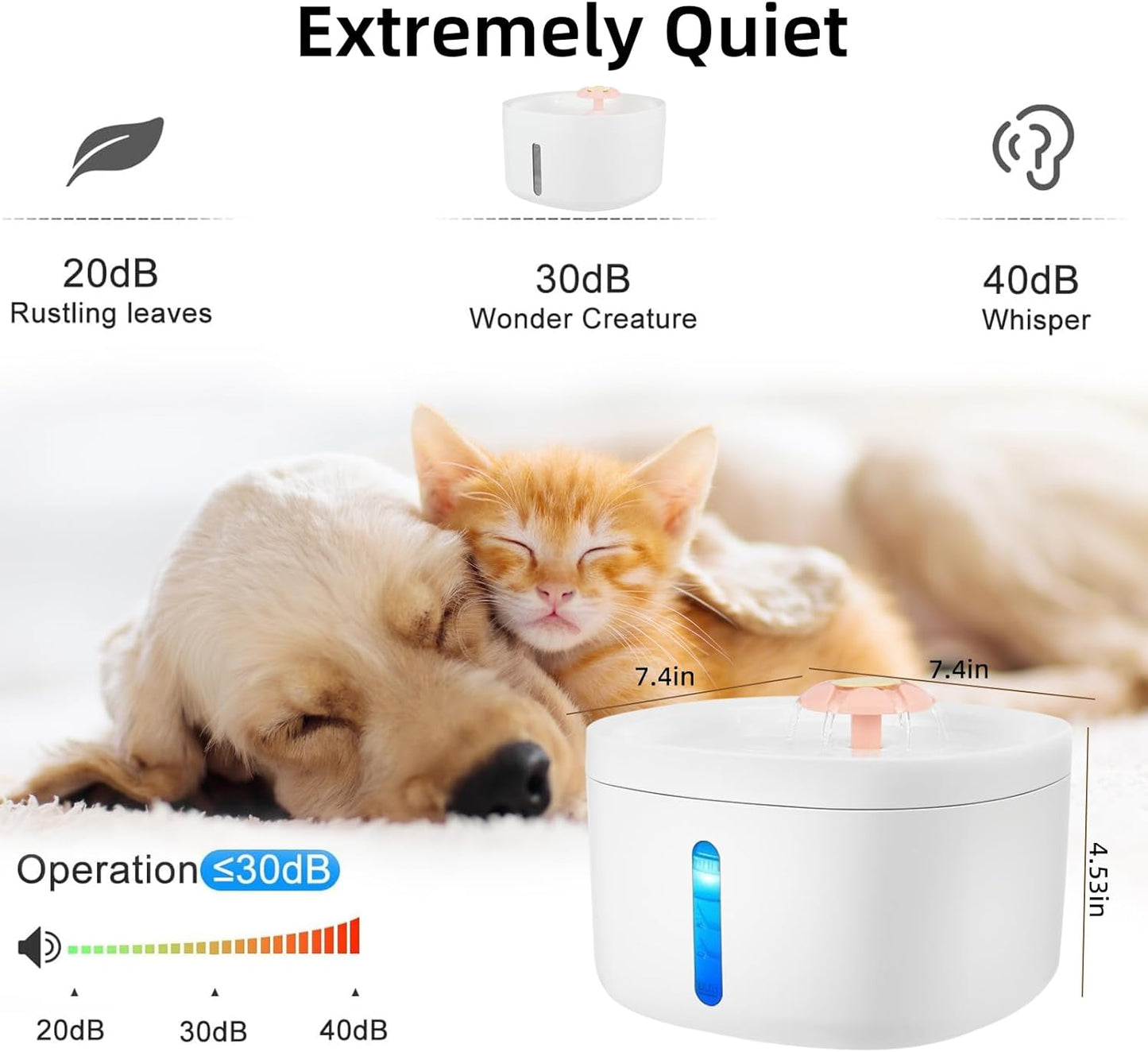 2.6L Large Capacity cat and Dog pet Water Dispenser, cat Jet Water Dispenser, with Blue Light Sterilization, Two Modes of Outlet, Low Energy Saving and Quiet