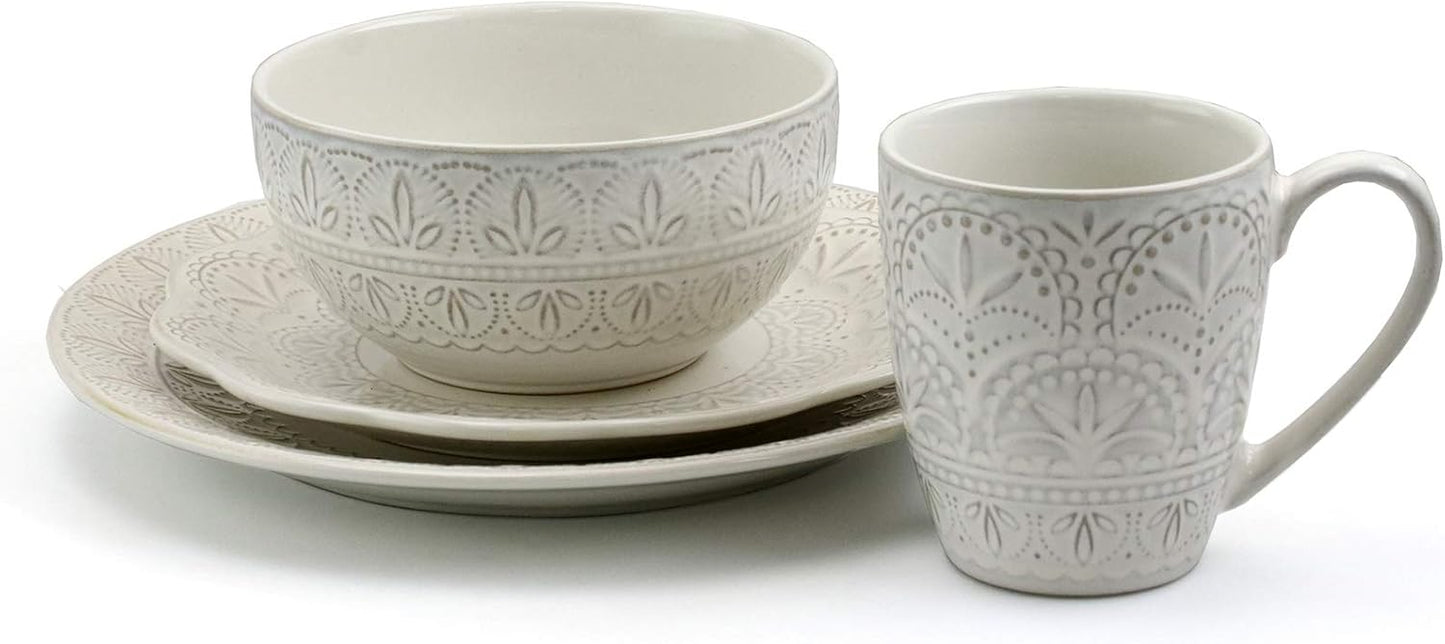 Elama White Lace 16 Piece Round Scallop Stoneware Dinnerware Set in White