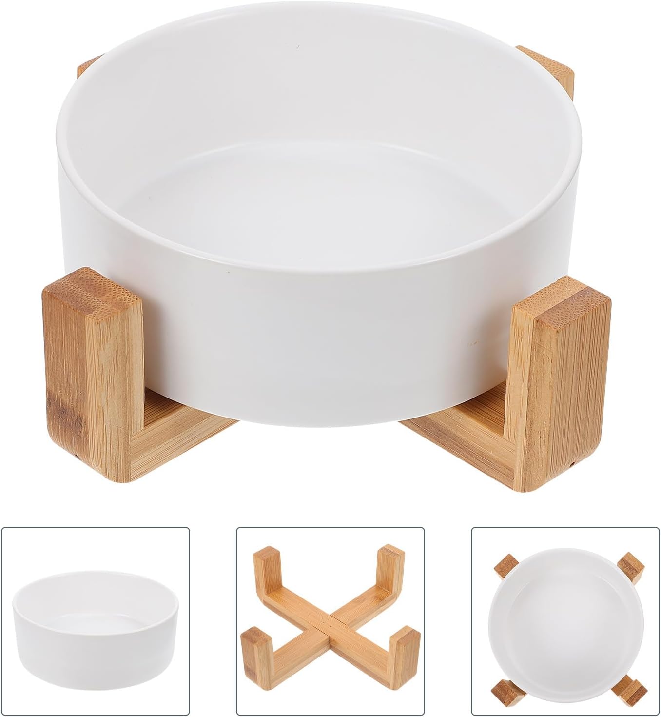 Milisten Ceramic Cat Bowls Elevated Pet Bowl with Wooden Stand Small White Raised Feeder for Cats Protecting Neck Spine Food and Water Dish