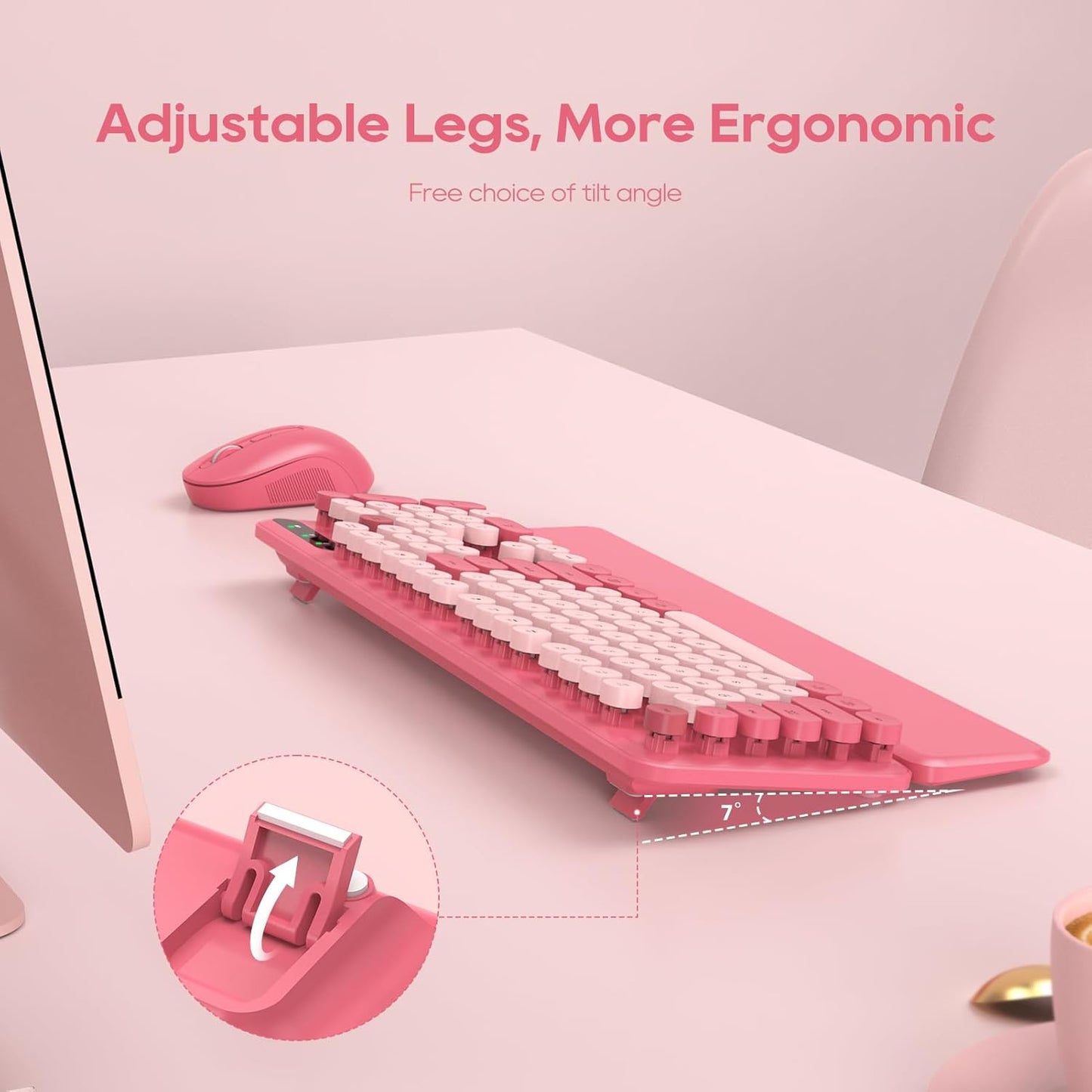 Wireless Keyboard and Mouse Combo, Cute Hot Pink Full-Size Retro Typewriter Keyboard with Round Keycaps, Magnetic Wrist Rest, Tilt Legs, 2.4GHz Cordless for Mac, Windows PC, Laptop, SABLUTE CK23