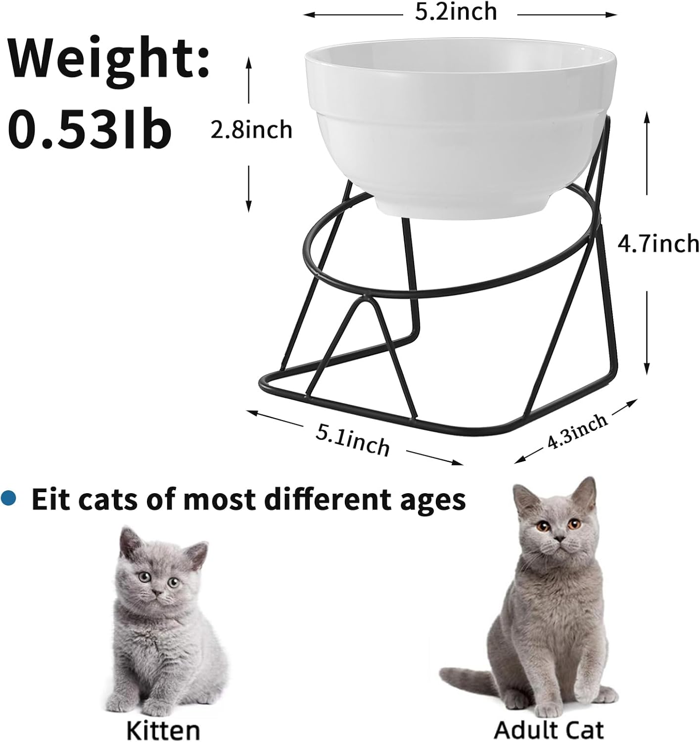Elevated Cat Food Bowl,Ceramic Raised Water Bowl for Indoor Cats, 15°Tilted Metal Stand Anti Vomiting and Protect Spines,Whisker Fatigue Feeding Dishes,Non-slip and Dishwasher Safe