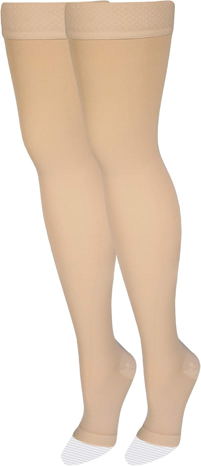 Amazon Basic Care Medical Compression Stockings, 20-30 mmHg Support, Women & Men Thigh Length Hose, Open Toe, Beige, Medium (Previously NuVein)