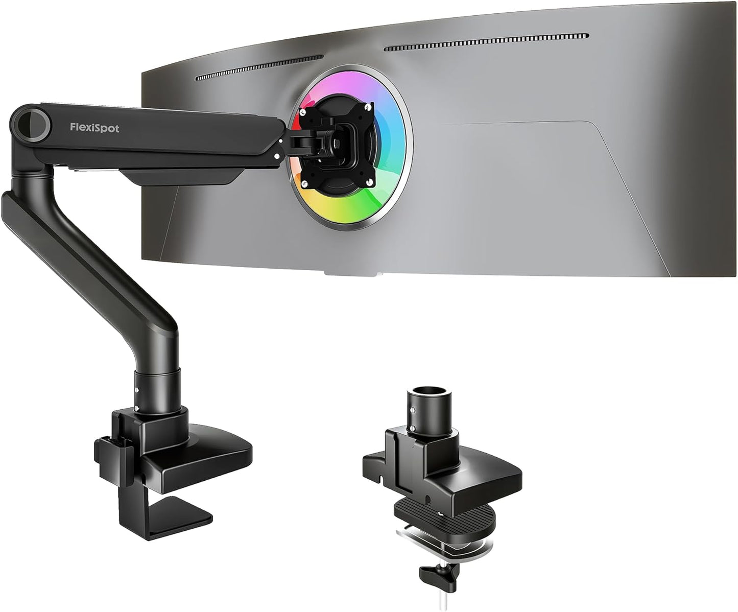 FlexiSpot Heavy Duty Monitor Arm for Ultrawide Screen up to 49", Monitor Stand Holds 44 Lbs, Adjustable Gas Spring Arm with C Clamp & Grommet Base for Gamming Office, 75/100 Vesa Mount, Black