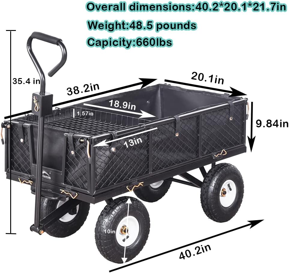 Heavy Duty Steel Garden Cart Large Size with Liner and Iron Frame,Steel Frame Dump Cart with Removable Sides,660lbs Capacity Black