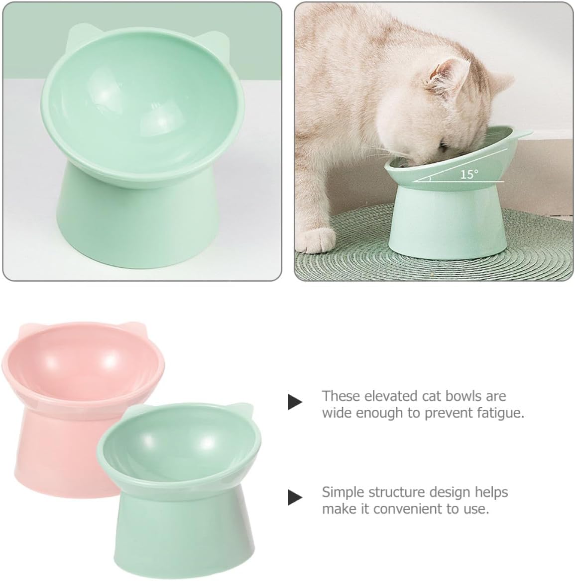 2pcs Raised Slanted Cat Food Bowls with Neck Protection, Wear-Resistant Plastic Feeding Bowls for Whisker Relief and Anti-Spill, Compact Pet Feeders for Cats and Small Dogs