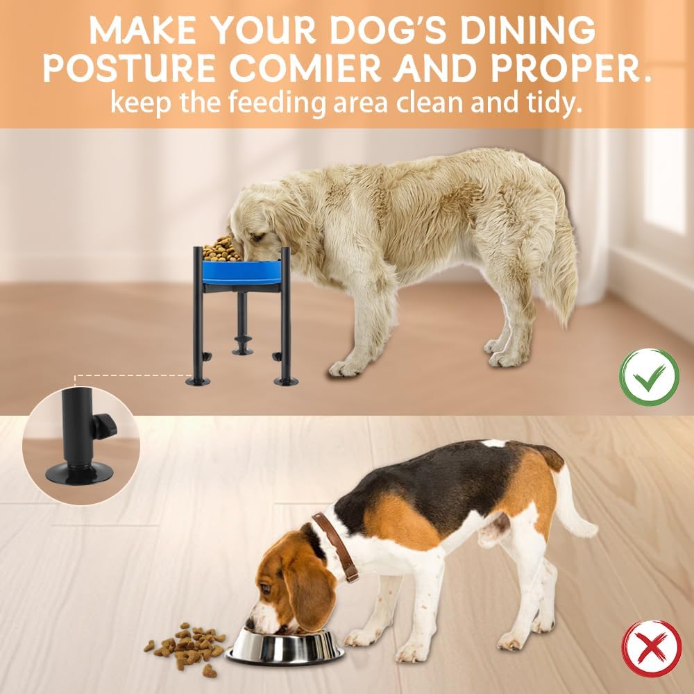 Single Dog Bowl Stand for Medium Large Dogs, Adjustable Width 6-10" Raised Dog dishes Stand，Elevated 4 Heights Tall Dogs Bowls Holder with Name Label Stickers, Black(Bowl Not Included)
