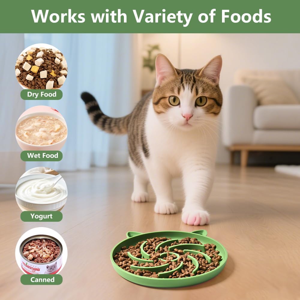 2Pcs Silicone Slow Feeder Cat Bowl,Puzzle Feeder,Interactive Toys,Slow Feeding cat Bowl Suitable for All Dry and Wet Foods,Easy to Clean Silicone Bowls (Green and Blue)