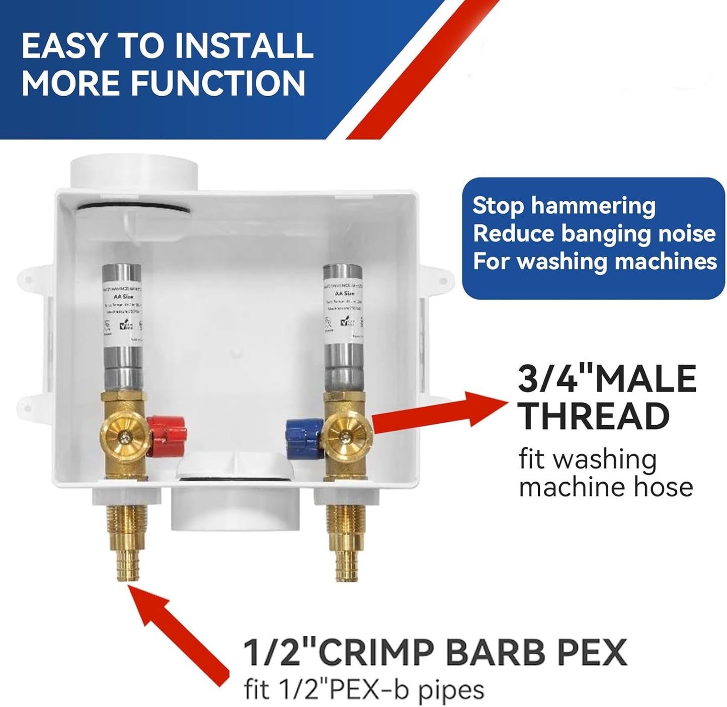 Washing Machine Outlet Box with Stainless Steel Water Hammer Arrestor,1/2 Inch PEX Inlet x 3/4 Inch MHT Outlet Connection Laundry Outlet Boxes,Washer Plumbing Box with Center Drain(WM007)