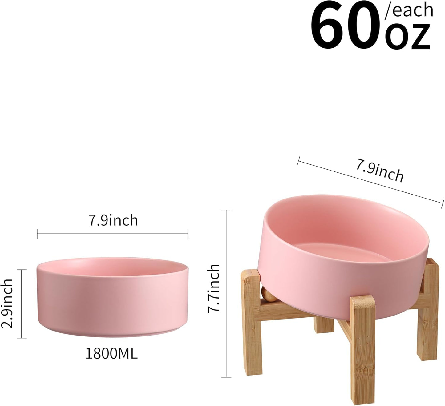 Pink Elevated/Raised 15°Tilted Anti Slip Ceramic Dog Bowl for Medium & Large Breeds,Slanted Bulldog Big Face Pet Feeding Food Water Dish Stand for Dogs (7.6 Cups/60OZ)