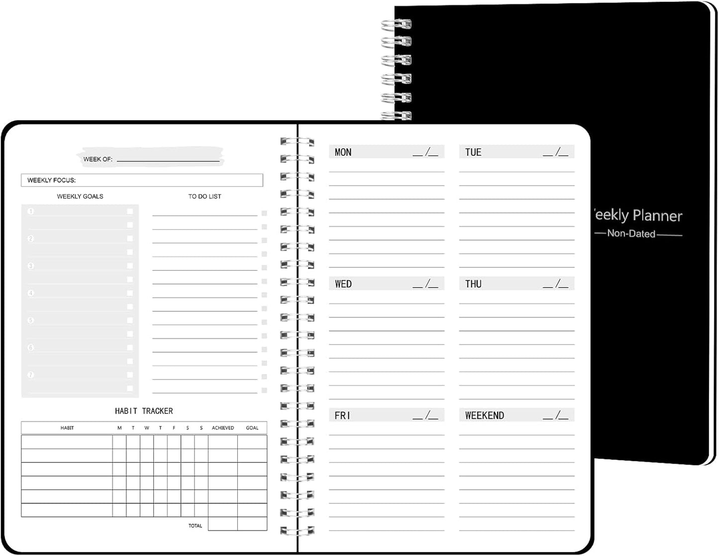 TREES Undated Weekly Planner, Weekly To Do List Notebook with Goal & Habit Tracker Organizer, A5 5.8"" x 8.0"" Weekly Planner Notebook with Spiral Binding for Men or Women, Black