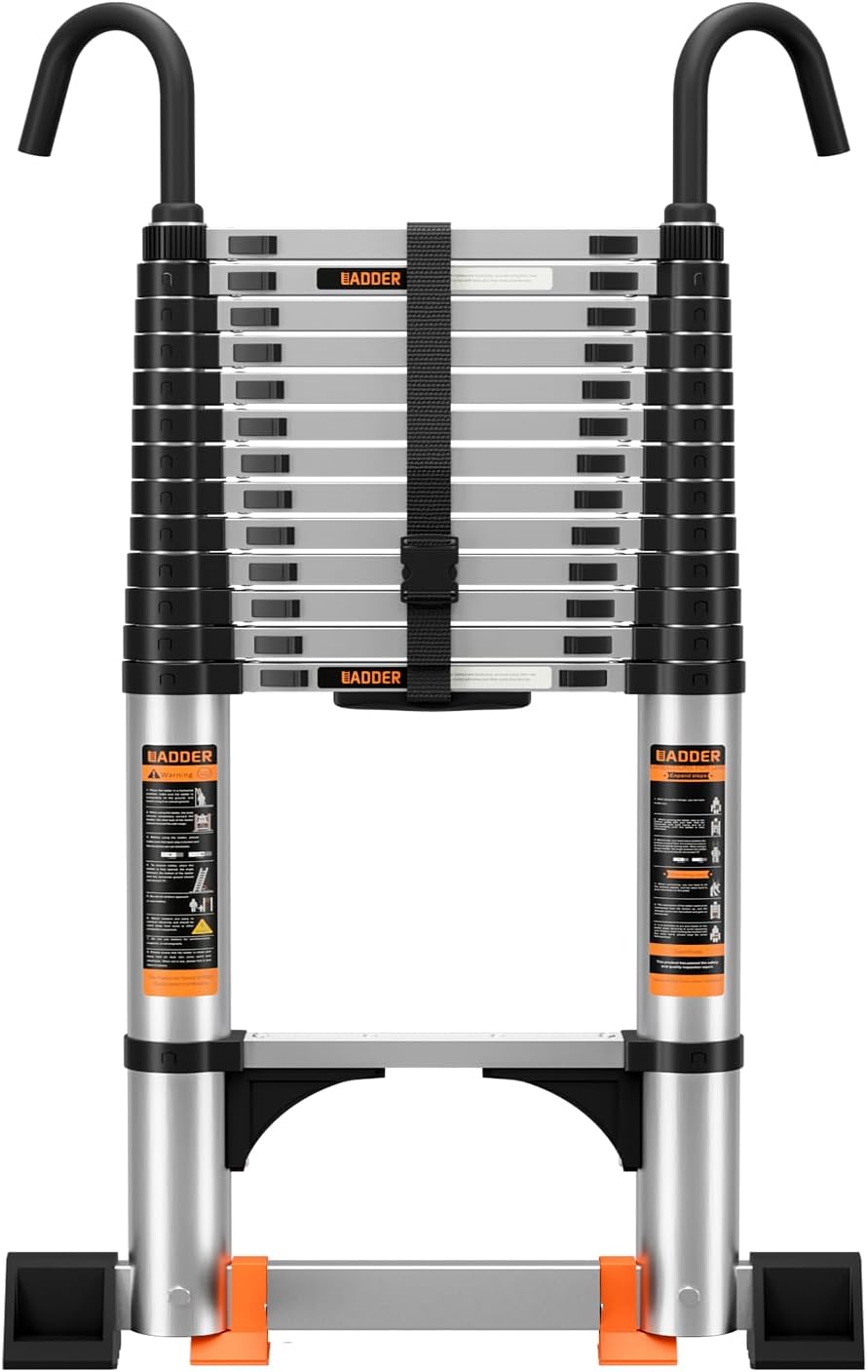 Telescoping Ladder,12.5FT Aluminum Multi-Purpose Collapsible Ladder with Stabilizers and Hooks,Jiashche Portable Extension Ladder for RV or Outdoor Work Silver,330lb Max Capacity