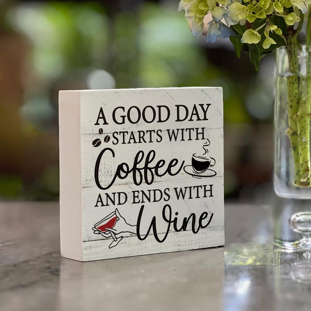 Funny Rustic Wooden Sign Coffee And Wine Desk Decor Sign, A Good Day Starts with Coffee and Ends with Wine Signs for Farmhouse Home Kitchen Office Bar Tabletop Desk, Wooden Accessories for Family Friend Coworker