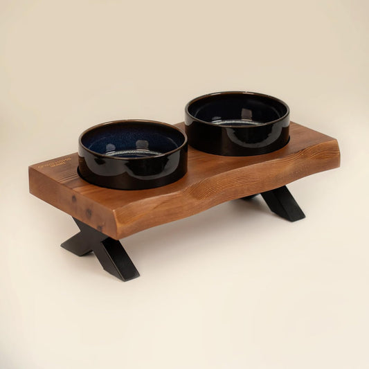 CHEERHOME PETS Raised Cat Ceramic Bowls for Small and Medium Dog, Solid Wooden Dog Food Bowl with Stand, Food Feeding Dishes Water Bowl for Cats and Puppy(Grilled Pine Wood)