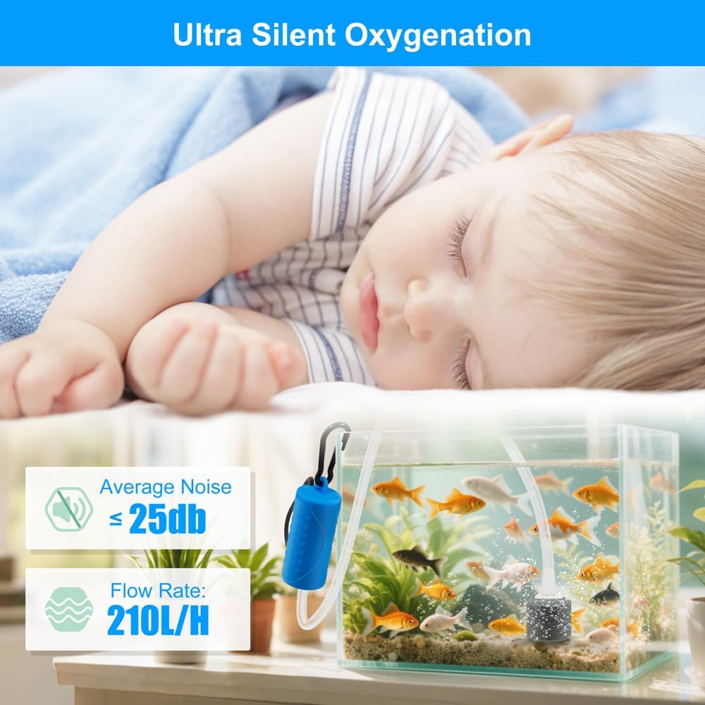USB Mini Aquarium Air Pump Ultra Quiet Fish Tank Air Pump with Black Hanging Clasp Portable Aquarium Oxygen Aerator Pump Includes Fish Tank Airline Tubing and Air Stone(1W/2W/3W)