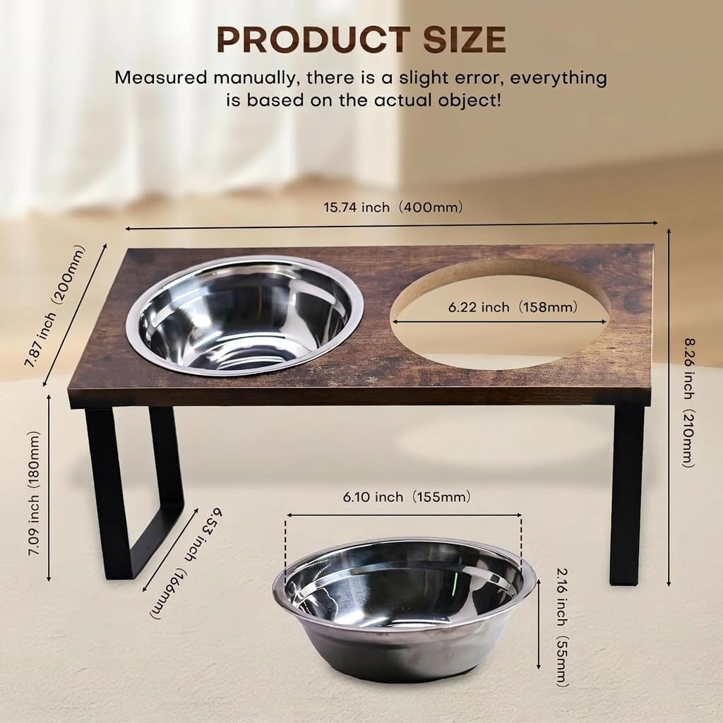 Elevated Dog Bowl Stand for Medium and Large Dogs, MDF Raised Dog Feeder with 2 Stainless Steel Bowls, Tilted Dog Food and Water Dish Set, Wooden Pet Feeding Station (Black)