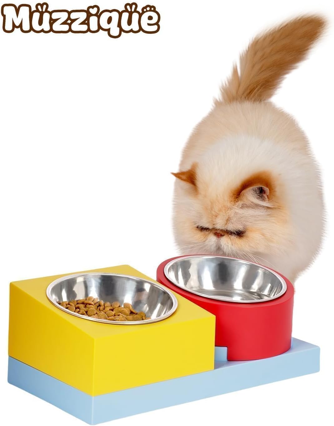 Cat Food Water Bowl Set, for Cats/Dogs, w/ 2 Raised Stainless Steel Puppy Bowls, Elevated DIY Kitten Metal Dishes Stand, Flat Tilted Pet Holder, No Spill Anti Whisker Fatigue Plastic Feeding Station