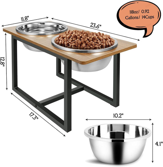 Elevated Dog Bowls for Large Dogs, Raised Dog Bowl Stand with Two X-Large Stainless Steel Bowls for Dogs, 3.5L Capacity, Rustic Walnut