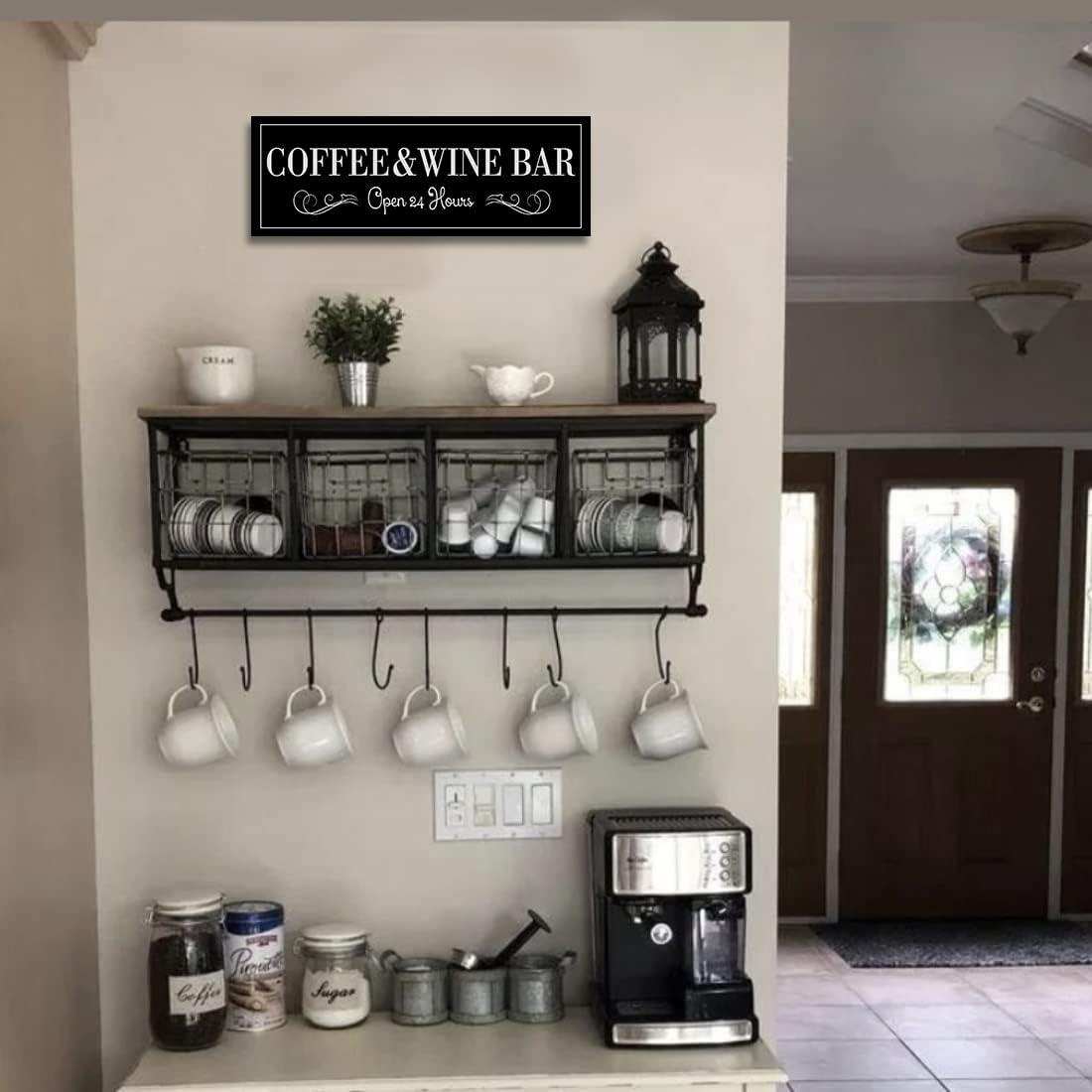 WOWGOOMO Coffee and Wine Bar Signs Decor, Classic Kitchen Wine Cabinet Decorative Signs & Plaques, Black Bar Accessories, 6x17 Inches
