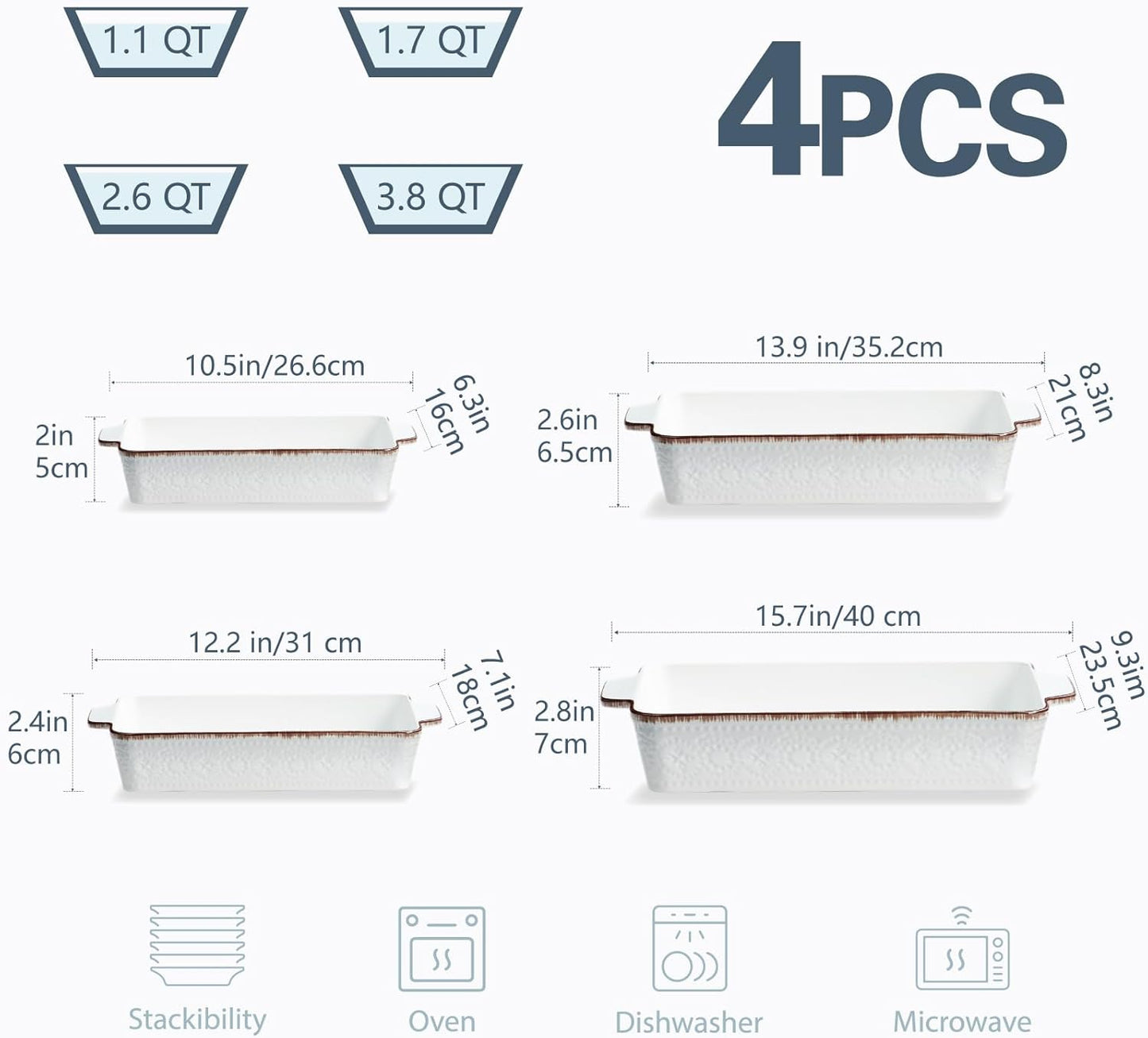 ONEMORE Casserole Dishes for Oven, Ceramic Baking Dish Set of 4, Non-Stick Lasagna Pans with Handles, Rectangular Bakeware Set for Cake, Roasting, Broiling, Gratin, Banquet, Microwave & Dishwasher Safe(3.8/2.6/1.7/1.1 Qt) (White 01)