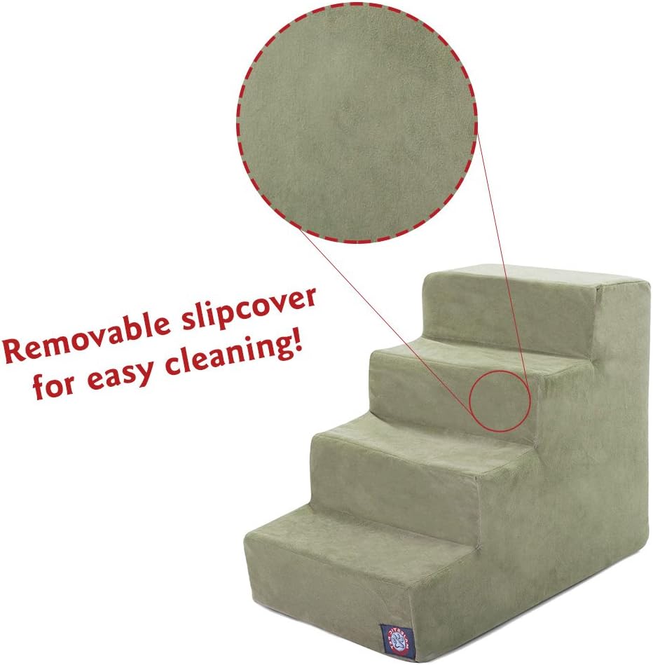 Majestic Pet 4 Step Portable Dog Stairs for Small Dogs to get on Bed Supports 25 lbs or Less – Dog Steps for High Bed with Machine Washable Cover – Pet Stairs for Cats Suede Sage