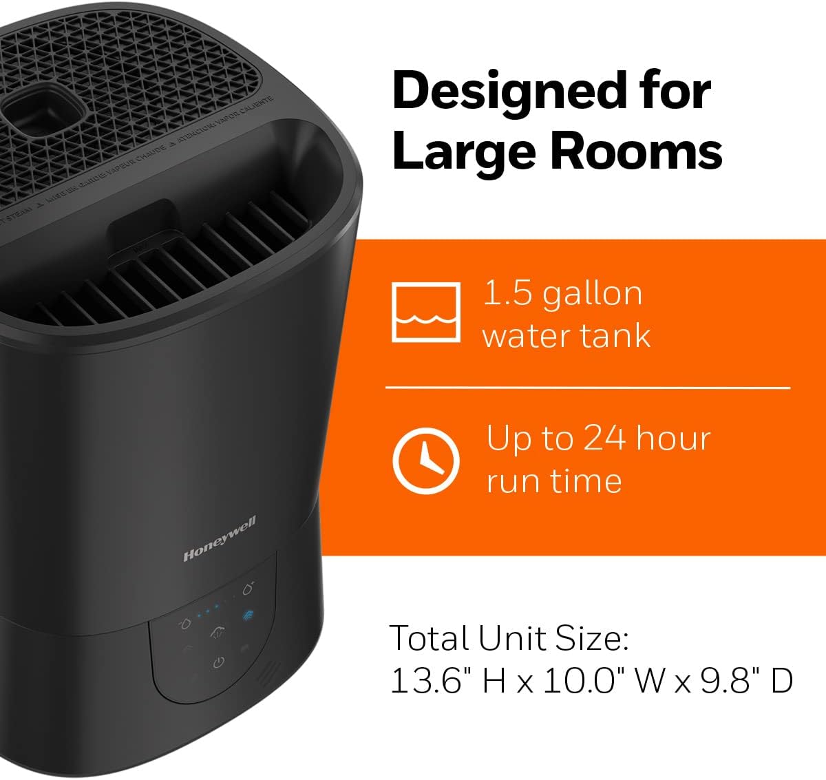 Honeywell Easy-to-Care Filter Free Warm Mist Humidifier, Medium Rooms, 1.5 Gallon Tank – Humidistat for Bedroom, Home or Office Black