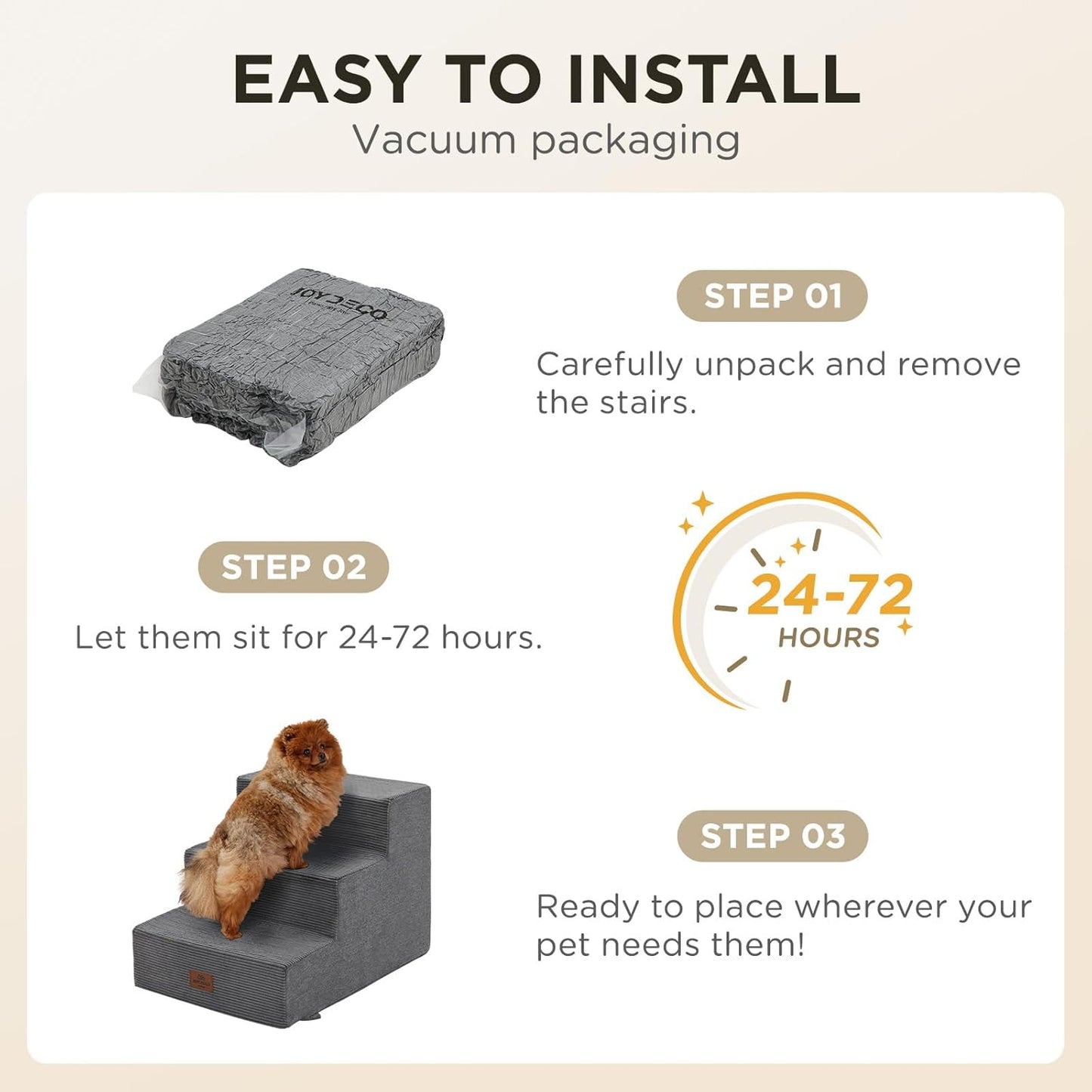 Joydeco Dog Stairs for Bed 15" H, 3-Step Pet Steps for Small Dogs and Cats, Dog Steps for High Bed, Non-Slip Balanced Ramp Indoor Pet Stairs, Gray