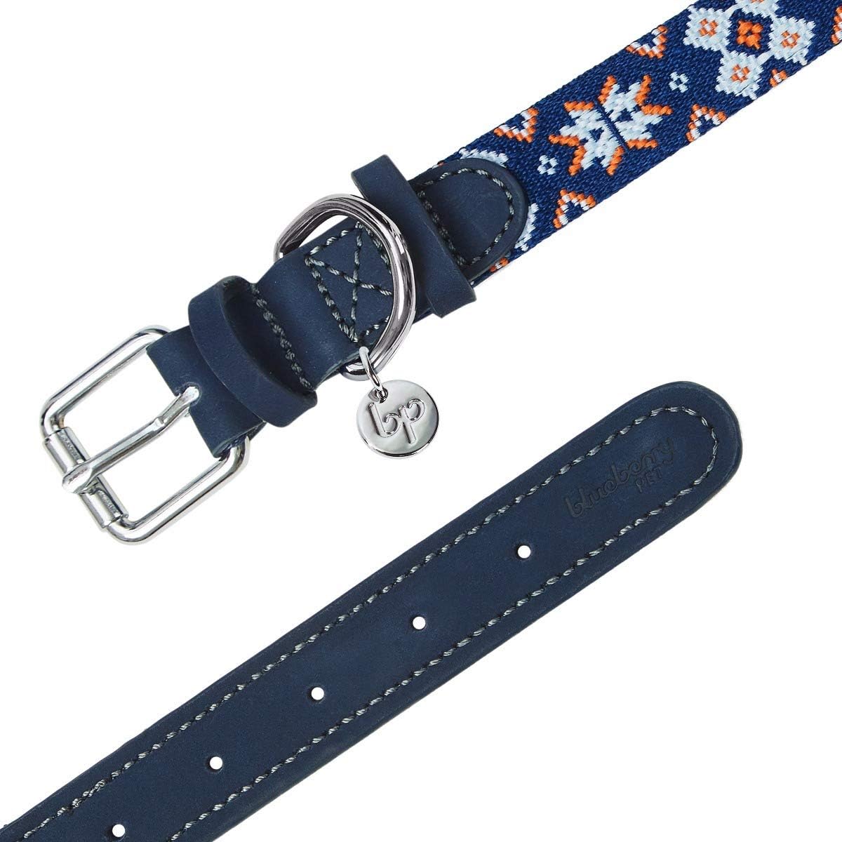Blueberry Pet 3 Patterns Southwestern Modern Tribal Print Genuine Leather & Polyester Fabric Combo Dog Collar with Metal Buckle - Navy Braided, Small, Neck 12"-15"