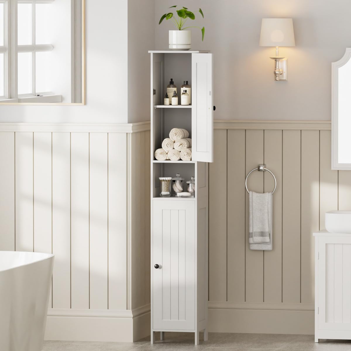 Tall Bathroom Storage Cabinet with 2 Doors, 67"H Narrow Storage Cabinet with Adjustable Shelves& Anti-Tip Design, Reversible Door Installation, Easy Assembly, 11.8 x 11.8 x 66.9 Inches, White
