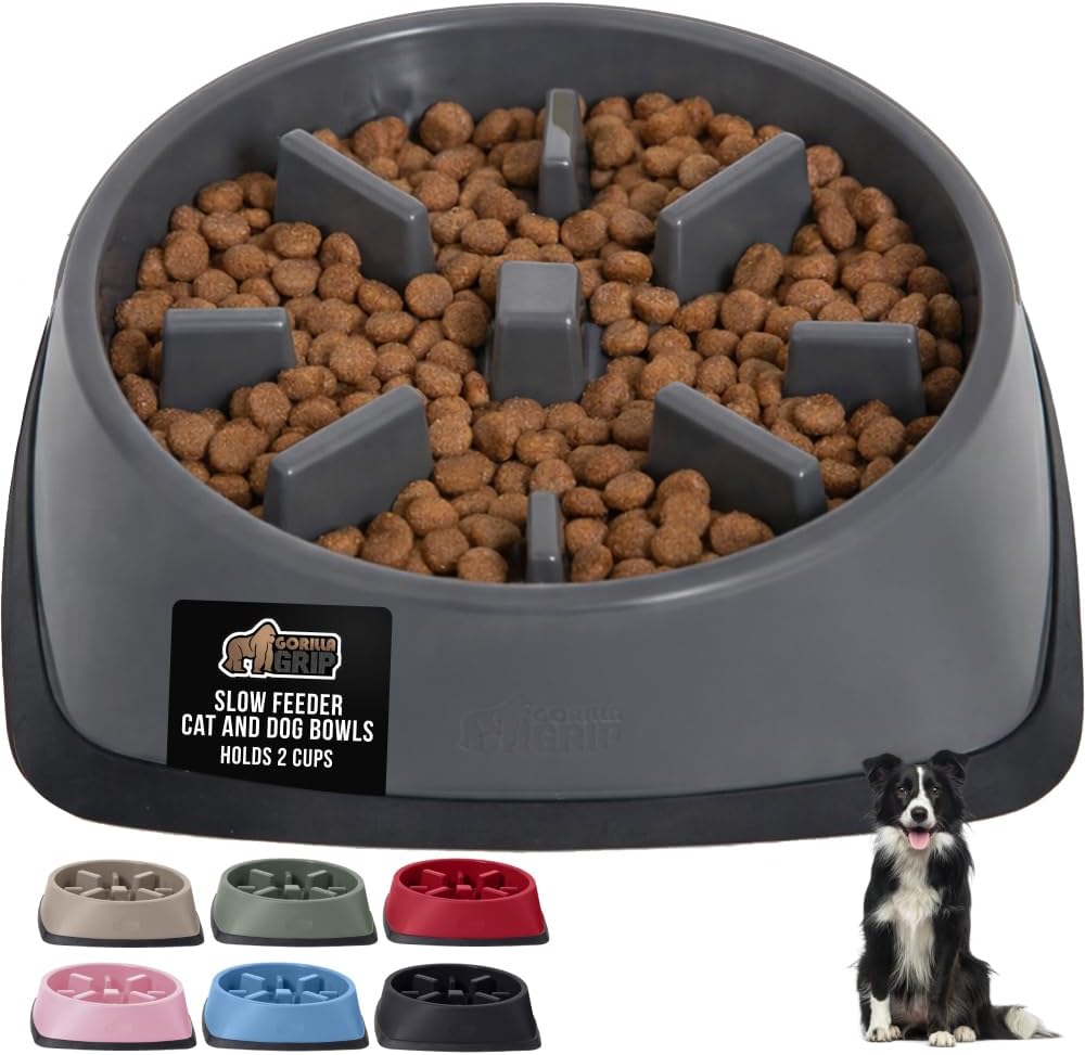 GORILLA GRIP Patented BPA Free Slow Feeder Dog Bowls, Interactive Puzzle Toy for Dogs and Cats Food Training Enrichment, Keeps Pets Busy and Prevents Puppy Overeating, All Breeds, 2 Cup, Gray