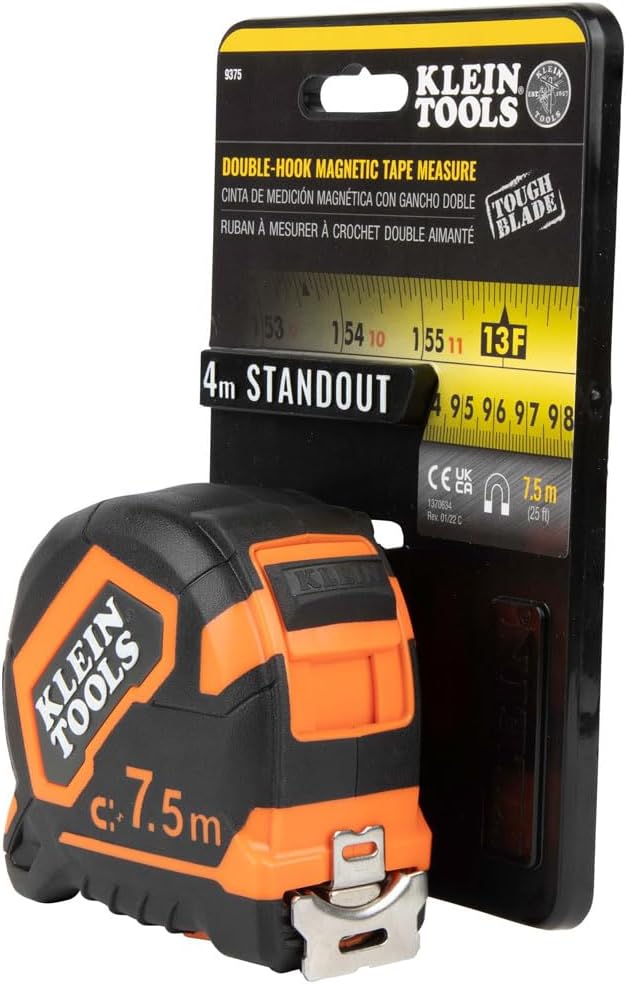 Klein Tools 9375 Tape Measure, Heavy-Duty Measuring Tape with 7.5 m Metric Double-Hook Double-Sided Nylon Reinforced Blade, Metal Belt Clip
