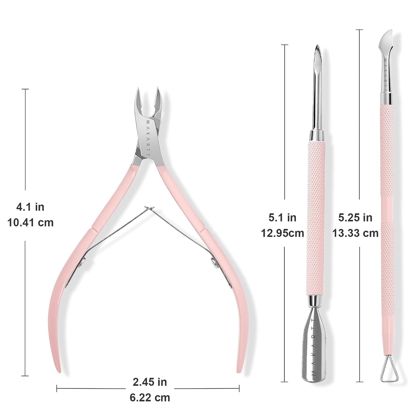Makartt Cuticle Trimmer with Cuticle Pusher, 3 PCS Pink Nail Cuticle Nipper Professional Pedicure Manicure Tools with Stainless Steel Dual End Pusher, Nail Scraper