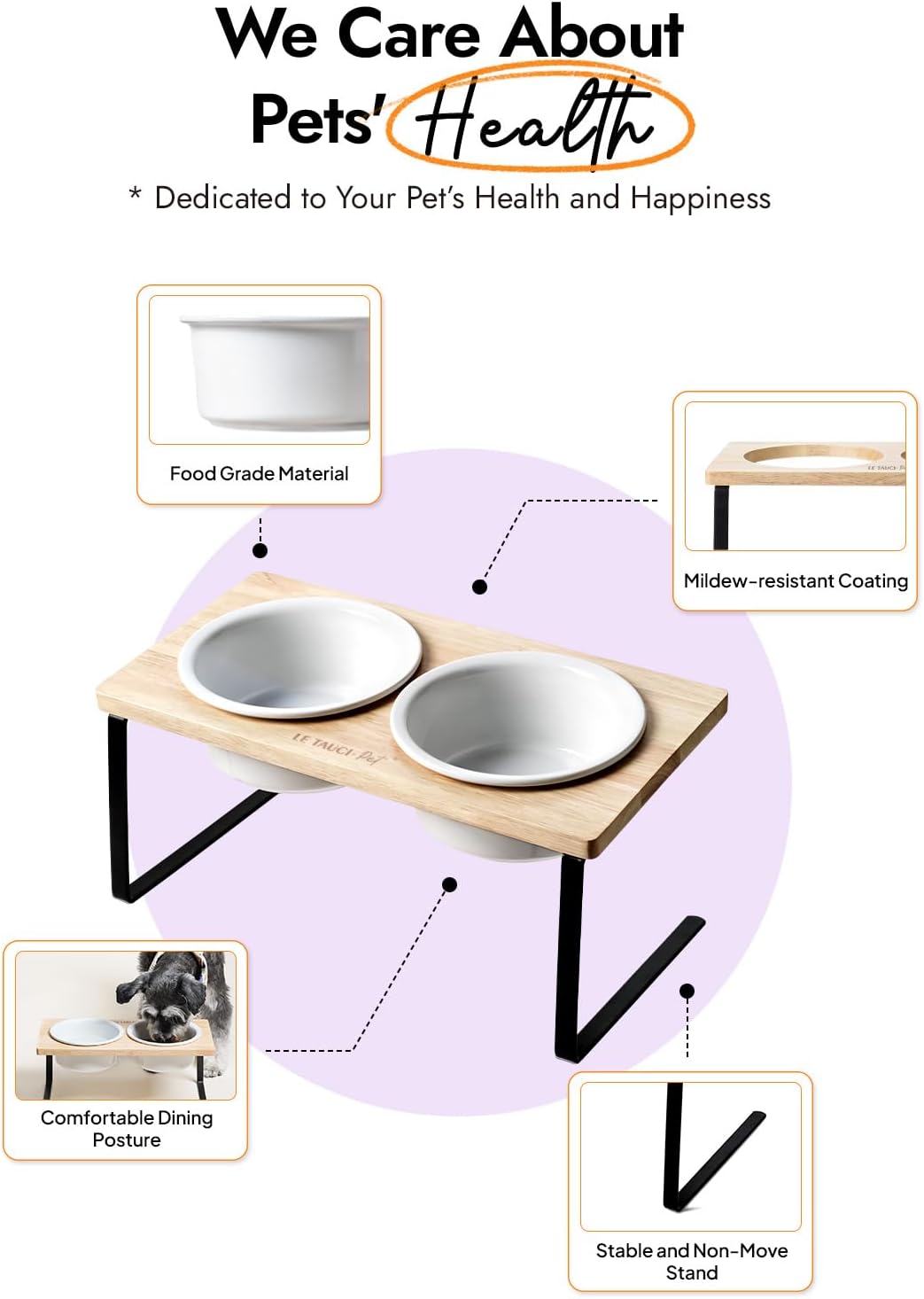 Elevated Dog Bowls, Raised Dog Bowl Stand with Two 6.5 inch Ceramic Bowl, Non-Slip Puppy Food and Water Bowls, Dogs Feeder for Small and Medium Breed, White