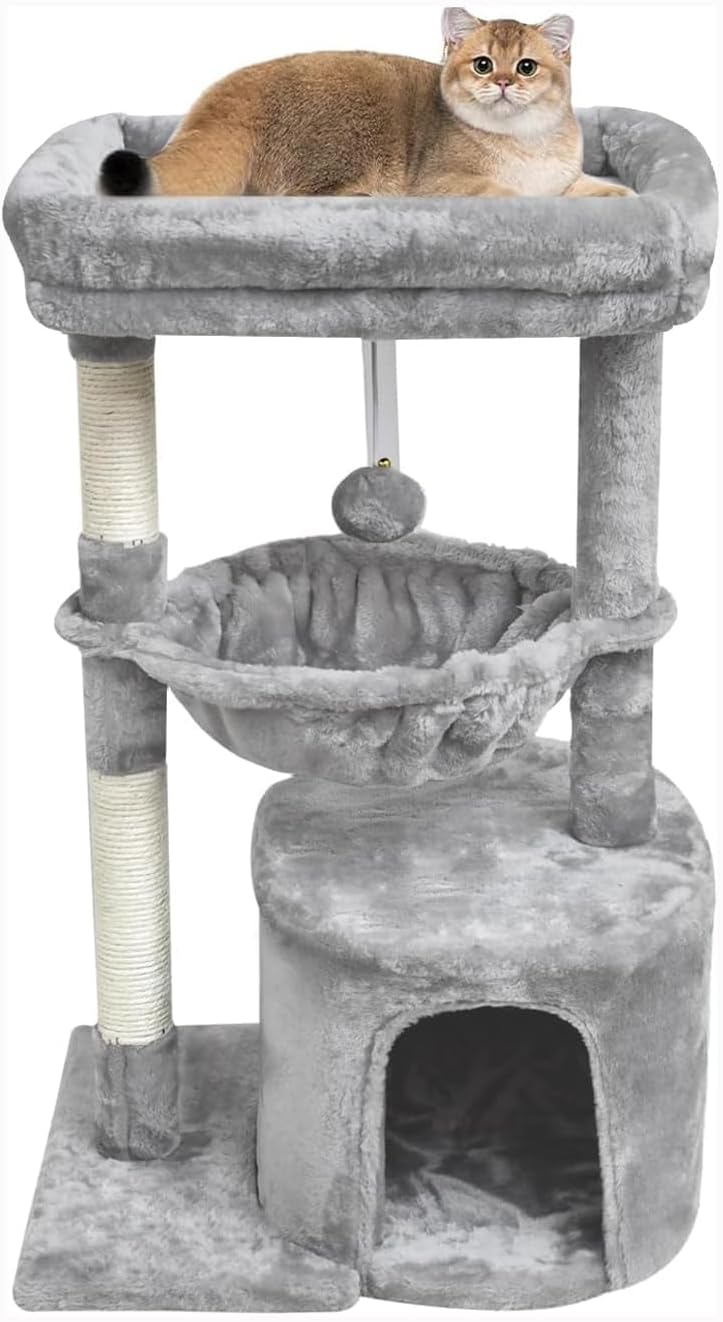 SYANDLVY Small Cat Tree for Indoor Cats, Activity Cat Tower with Scratching Post for Kittens, Modern Cat Furniture with Basket & Hanging Ball for Play Rest, Grey