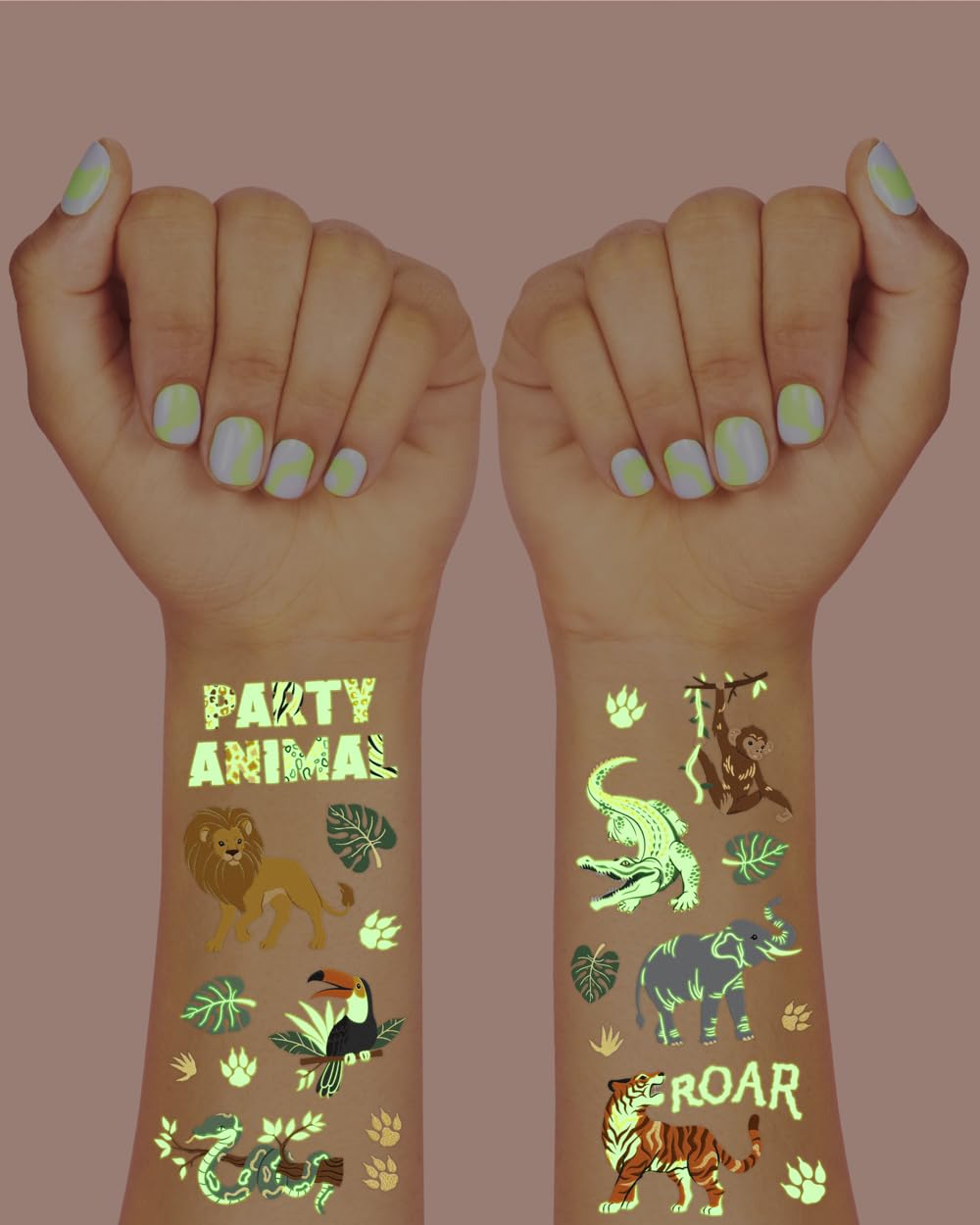 xo, Fetti Jungle Animal Glow in Dark Temporary Tattoos for Kids - 48 Pcs | Elephant Party Decorations, Wild Animal Birthday Party Supplies, Giraffe Favors, Safari Baby Shower, Tiger