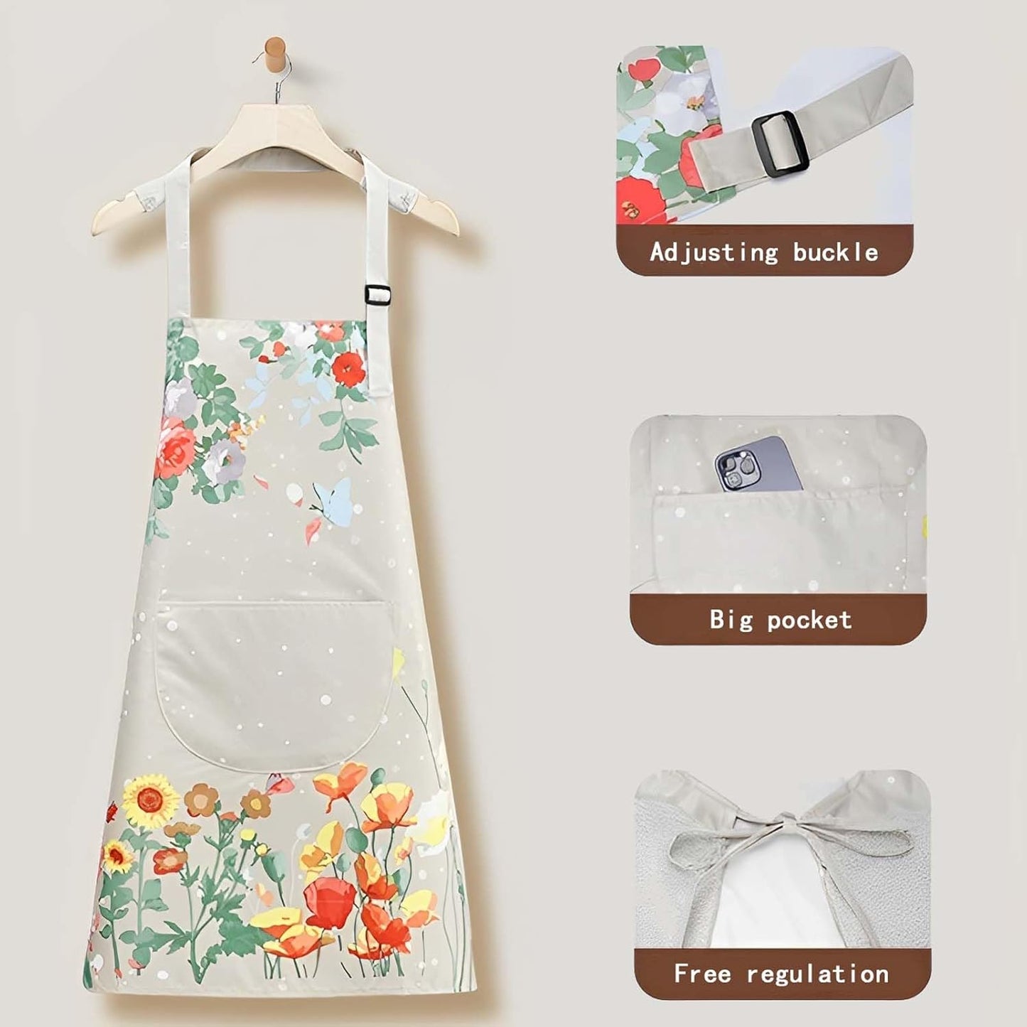Floral Aprons with Pocket Blooming Women Waterproof Apron Adjustable Neck Long Ties Women Men Cook Baking Garden