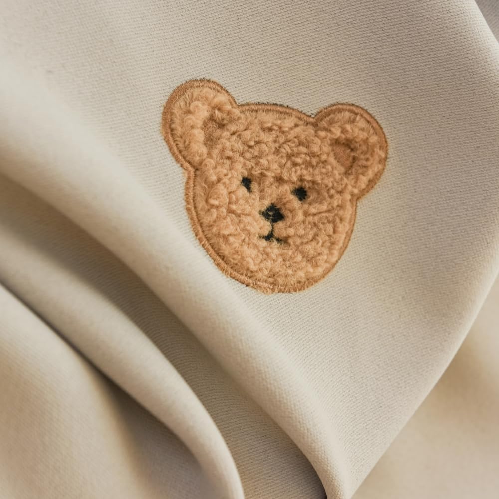 Cartoon Bears Kids Blackout Curtains for Babys Bedoom Living Room Grommet Top Beige Embroidery 3D Bear Darkening Curtain for Nursery Baby Room 1 Panel (W52 L84 inch,Beige)
