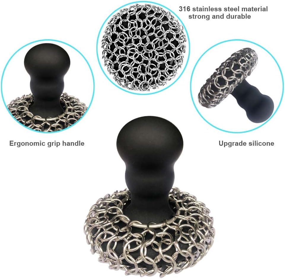 316 Upgraded Chainmail Scrubber with Silicone Handle Cast Iron Cleaner for Cast Iron Grill Pan Skillet Wok Bakeware Ergonomic to Hold Easy to Use Dishwasher Safe, Scrubber + Scraper + Towel (Black)