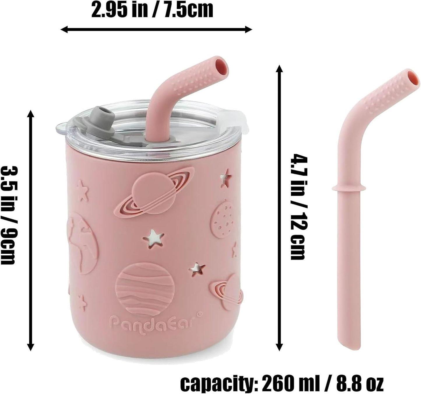 PandaEar Stainless Steel Baby Feeding Set | 2 Divided Suction Plates, 2 Spill-Proof Straw Cups with Silicone Sleeves, 2 Forks & 2 Spoons | Toddler Utensils for Baby Led Weaning, BPA-Free (Pink)