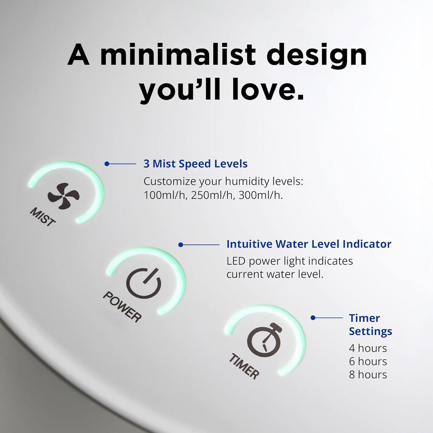 Carepod One Stainless Steel Humidifier for Large Room, Quiet & Safe for Baby, Only 3 Washable Parts & Easy to Clean, Ultrasonic Cool Mist Humidifiers for Bedroom, Filter-Free, Lasts 30Hrs (1Gal/4L)
