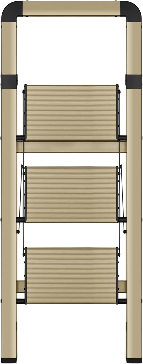 Step Ladder Folding 3-Step Champagne Gold Finish Aluminum Foldable Step Ladders,Anti-Slip for Home & Kitchen Office 330 lbs