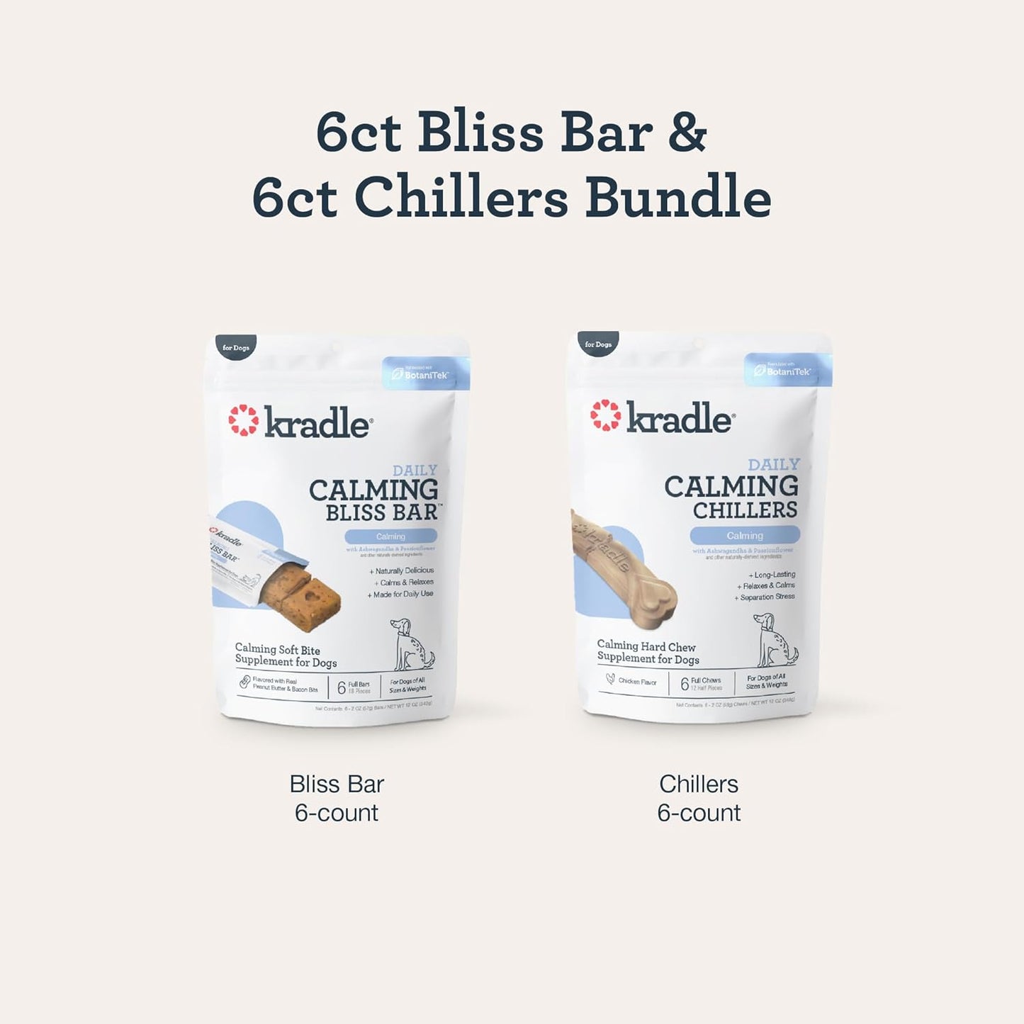 Kradle Calming Bundle for Dogs - Bliss Bars (6) + Chillers (6) - Peanut Butter & Chicken Flavors -Ashwaganda GABA L-Theanine - Supports a Calm Demeanor